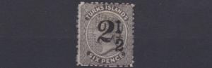 TURKS & CAICOS  1881  S G 28  2 1/2D ON 6D  BLACK  NO GUM  C £250  SMALL CREASE