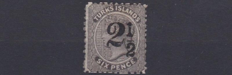 TURKS & CAICOS  1881  S G 28  2 1/2D ON 6D  BLACK  NO GUM  C £250  SMALL CREASE