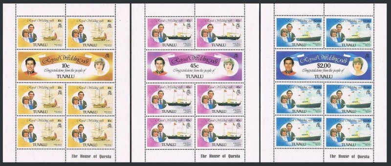 Tuvalu 157-162 sheets, MNH. Mi 145-150 klb. Prince Charles, Lady Diana, 1981.