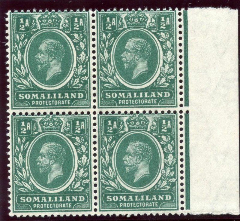 Somaliland 1912 KGV ½a green (wmk inverted) block superb MNH. SG 60w.