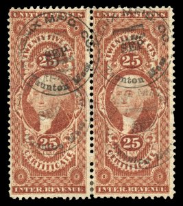 B490 U.S. Revenue Scott R44c 25c Certificate pair, handstamp cancels