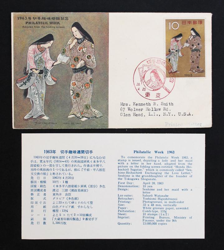 Japan #611,783 FDC Philatelic Week 1963