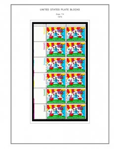 COLOR PRINTED US PLATE BLOCKS 1970-1975 STAMP ALBUM PAGES (68 illustrated pages)