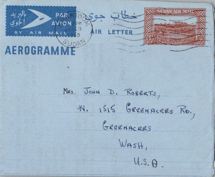 Sudan 3 1/2d Fort Sudan Air Letter 1959 Khartoum, Sudan Airmail to Greenacres...