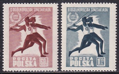 Poland 1954 Sc 631-2 Javelin Throwers 2nd Summer Spartacist Games Stamp MNH