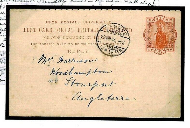 O32 GB REPLY CARD USED ABROAD Posted *Geneva* Switzerland 1894 Cover 