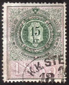 1885, Austria 15Kr, Revenue stamp, Used