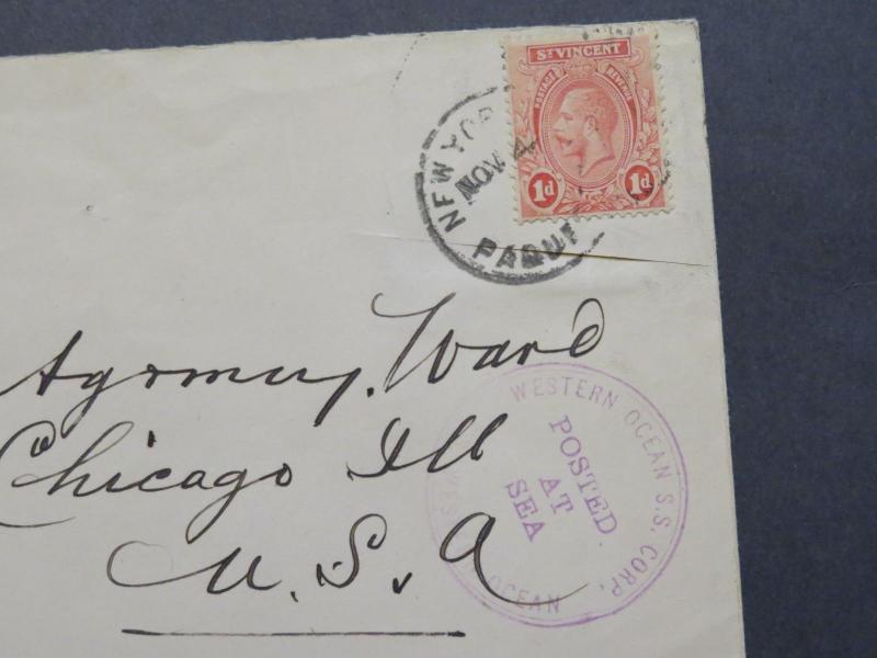 St Vincent Early 1900s Paquebot Cover to NA / NYC Cancel / Posted At Sea - Z7880