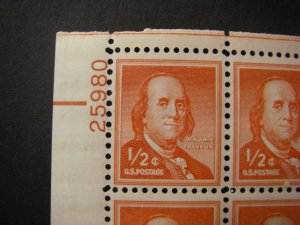 Scott 1030a, .5c Benjamin Franklin, PB8 #25980 x4, dry print, Matched Set, MNH