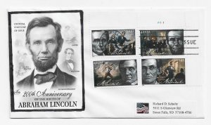 US 4380-4383 42c Lincoln 16th President pl # blk 4 FDC Paste-On Cachet ECV$15.00
