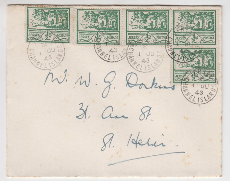 1943 Jersey ½d x5 Blampied View,  on clean envelope FDC