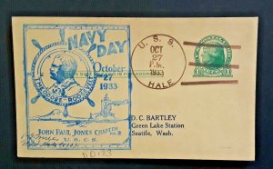 1933 USS Hale To Seattle Washington John Paul Jones Chapter Navy Day Naval Cover