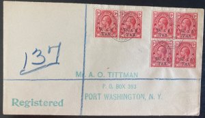 1920 Turks & Caicos Island Reg Cover To Port Washington NY USA War Tax Stamp 6 