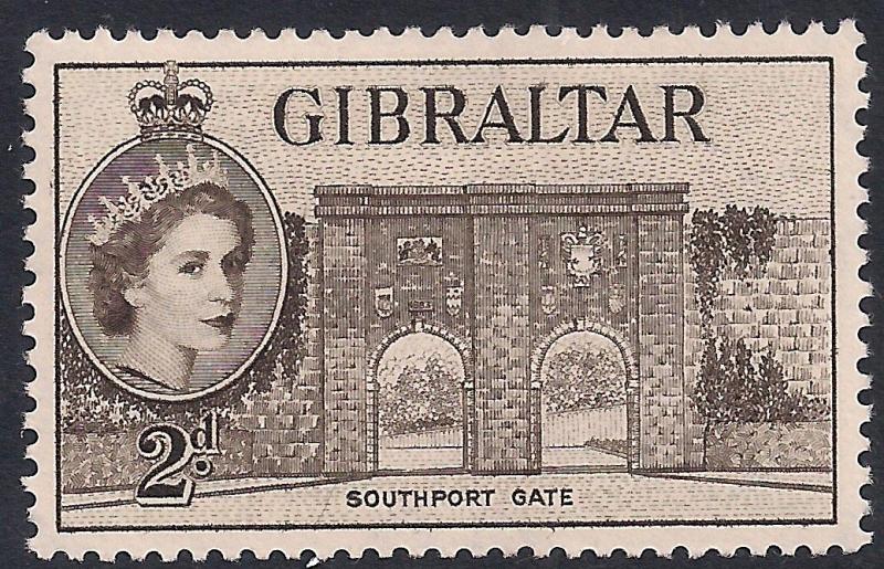 Gibraltar 1953 - 59 QE2 2d Deep Olive Brown Southport Gate MM SG 148 ( J1403 )