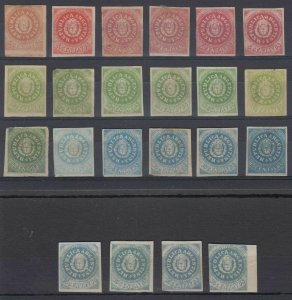 ARGENTINA 1862-64 COAT OF ARMS Sc 5-7 (22x) FULL SET OF LANGE FORGERIES SHADES 