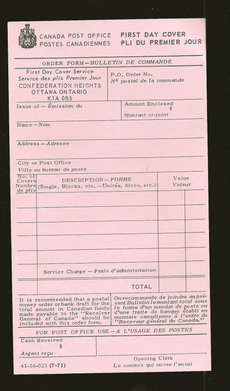 Canada Post Office 1971 First Day Cover Order Slip Unused