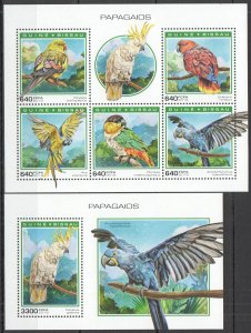 HM0774 2018 GUINEA-BISSAU PARROTS BIRDS FAUNA #10305-9+BL1773 MNH