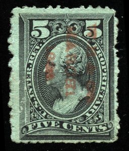 B281 U.S. Revenue Scott RB16b 5-cent Proprietary wmk red handstamp SCV = $125