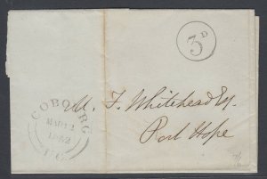 Canada 1852 Stampless folded cover, Cobourg and 3d to Port Hope