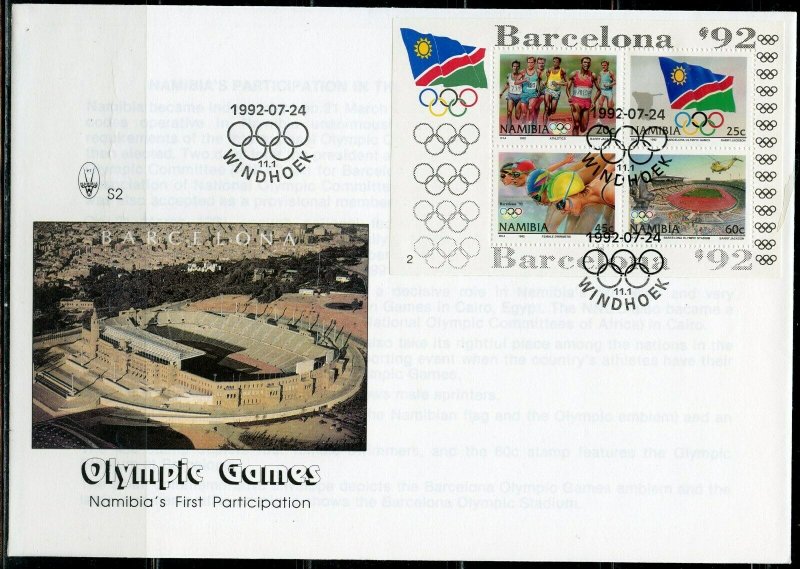 NAMIBIA  BARCELONA 1992 OLYMPIC GAMES  SOUVENIR SHEET ON FIRST DAY COVER  