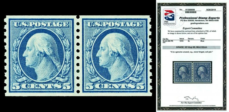Scott 496 1919 5c Washington Coil Pair Mint Graded XF-Sup 95 NH with PSE CERT!