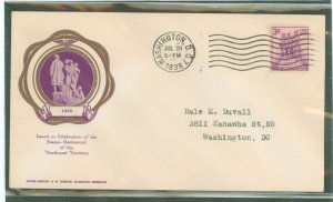 US 837 1938 3c Northwest territory/150th anniversary on an addressed first day cover with a Washington, DC cancel and a rice cac