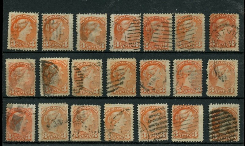 Various cancels 21 x 3 cent Small Queen lot collection used Canada