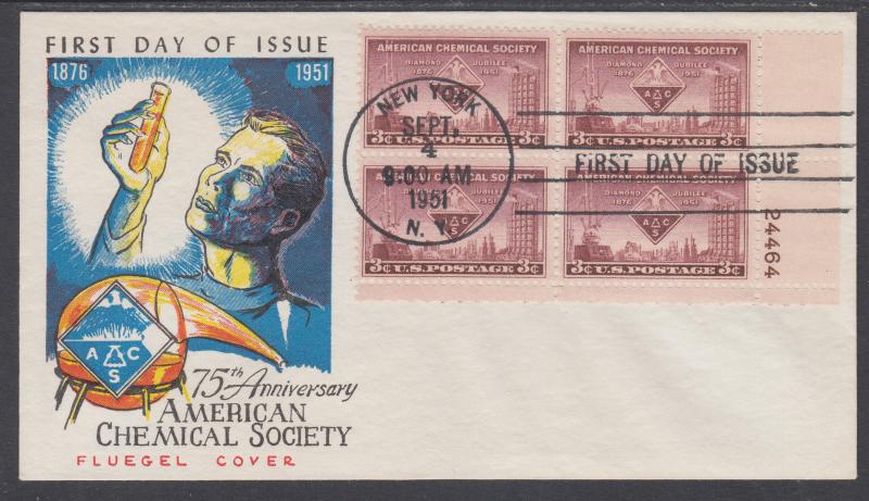 US Mel 1002-12 FDC. 1951 3c American Chemical Society, Fluegel Color Cachet