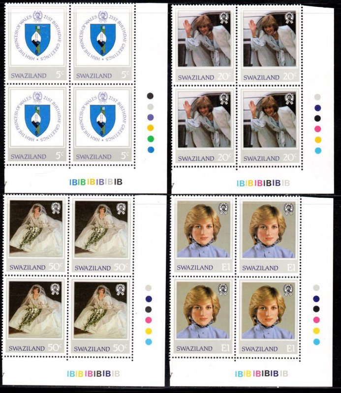 Swaziland - 1982 21st Birthday of Princess of Wales 1B Plate Block SG 404-407