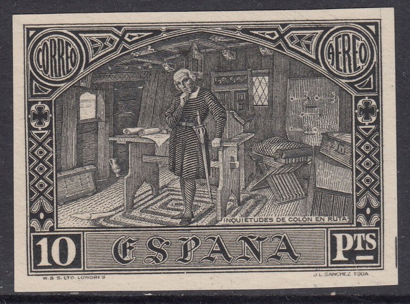 1930 SPAIN CHRISTOPHER COLUMBUS IMPERF BLACK PROOF (GALVEZ CA319) MNG VF