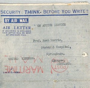 CEYLON WW2 AIR LETTER Military RNVR *NAVAL MEDIC* RNAS Glasgow Hospital XE102