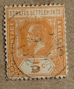 Straits Settlements 1921 KGV 5c orange die I, used. Scott 186a, CV $0.25. SG 225