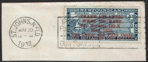 NEWFOUNDLAND 1932 TRANSATLANTIC AIRMAIL $1.50 ON $1 USED ON PIECE