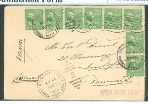 US 804 1939 Eight 1c Washington (presidential/prexies) paid for 5c domestic airmail + 3c surface to Europe on this uncensored co