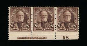 OUTSTANDING GENUINE SCOTT #257 MINT OG H 8¢ FULL BEP IMPRINT PLATE 58 STRIP OF 3