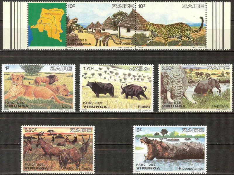 Zaire 1982 Fauna Animals National Park Virunga Elephants Wild Cats Set of 7 MNH