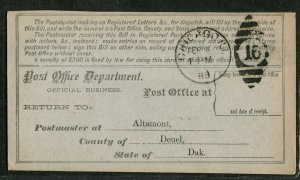 1888 Dakota Territory Postal Card Altamont to Chicago IL Registry Bill 1st Nat B