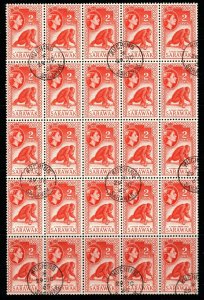 SARAWAK SG205 1965 2c RED-ORANGE FINE USED BLOCK OF 25