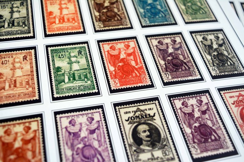 COLOR PRINTED SOMALI COAST 1894-1966 STAMP ALBUM PAGES (40 illustrated pages)