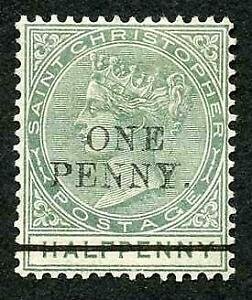 St Kitts-Nevis SG26 ONE PENNY on 1/2d green m/m (hinge remainder)