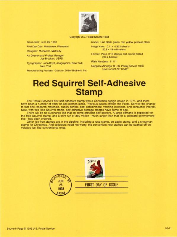 US SP908 Red Squirrel 2498 Souvenir Page FDC