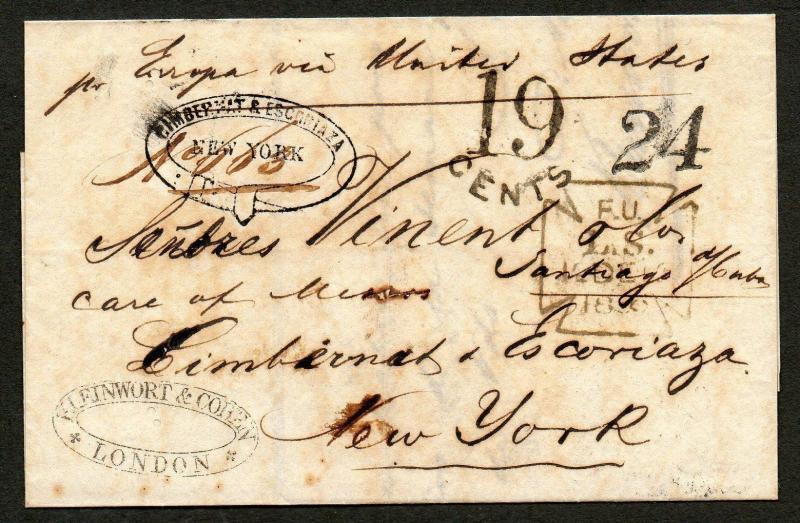 1856 London to NY Double Forward H/S RARE Due 24 in NY, 19 Due GB Cunyard Europa