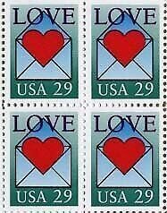 1992 Love Letter Block of 4 29c Postage Stamps, Sc#2618, MNH, OG