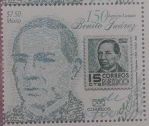 J) 2022 MEXICO, 150TH ANNIVERSARY OF BENITO JUAREZ, STAMPS ON STAMPS, MNH