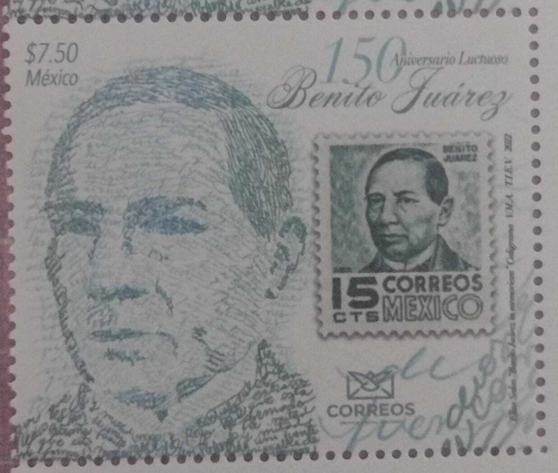 J) 2022 MEXICO, 150TH ANNIVERSARY OF BENITO JUAREZ, STAMPS ON STAMPS, MNH