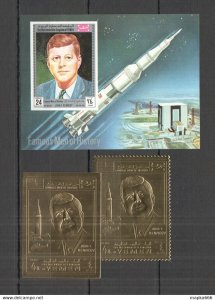 Imperf,Perf Yemen Gold Space Usa President Kennedy Airmail 1Bl+2St ** Nw0216