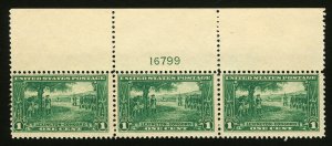 #617 1925 1c Green Lexington-Concord Durland Plate #16799 Strip of 3 MNH