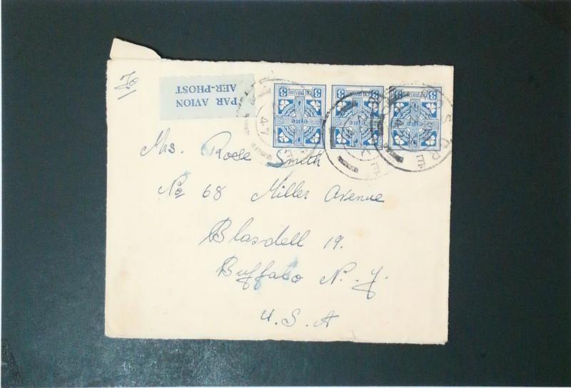 Ireland 1947 Airmail Cover to USA, 9p Value, Edge Tears - Z3329