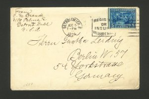 #550 5c 1920 Pilgrim Issue Used on Cover Detroit, Michigan to Berlin, Germany