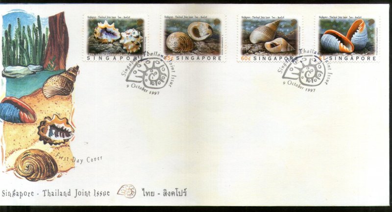 Singapore 1997 Sea Shells Marine Life Thailand Joints Issue Sc 825-28 FDC # 209